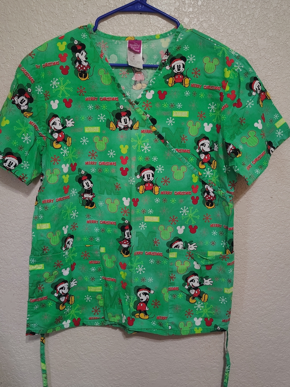 Disney Green Mickey Mouse Christmas Print Scrub Top